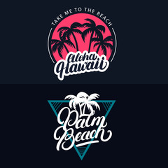 Set of Aloha Hawaii and Palm beach hand written lettering with palms.