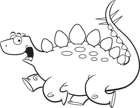 Black and white illustration of a running stegosaurus.