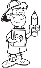 Black and white illustration of a boy holding a book and a pencil.