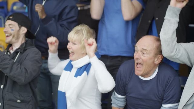  Excited mature couple in sports crowd celebrating & cheering on their team
