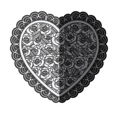 monochrome silhouette heart with decorative frame and pattern of roses vector illustration