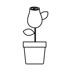 silhouette drawing rosebud with leaves and stem in flowerpot vector illustration