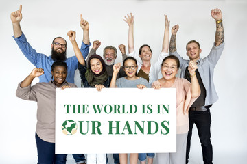 Group of people volunteer with world environment day board advertising