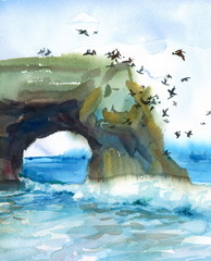 Watercolor California Coast Seascape Scenic Ocean Shore and Flying Birds Hand Painted Illustration