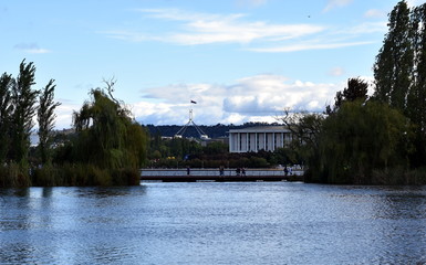 The view of Parliament House and Molonglo River from Commonwealth Park.