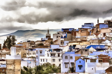 Colorful painting of houses of old Maghreb town