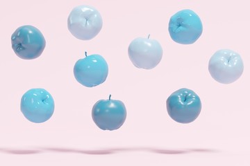 Blue Apples floating on pinks pastel background. minimal concept.