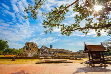 Reclining Buddha in a Ruin of a Hall at Phutthaisawan Temple in Ayuthaya Historical Park, UNESCO World Heritage Site in Thailand © coward_lion