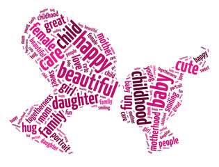 Words illustration of a woman and her daughter showing parenthood happiness over the white background