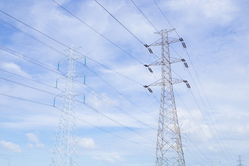 High voltage post, High voltage tower at blue sky background