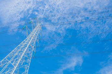 High voltage post, High voltage tower at blue sky background