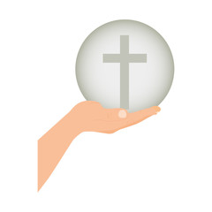 color silhouette of hand extended with sphere with cross symbol vector illustration