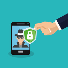 smartphone with hacker man icon on screen and shield with padlock over blue background. colorful design. vector illustration