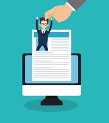 computer and curriculum vitae icon over blue background. human resources concept. colorful design. vector illustration