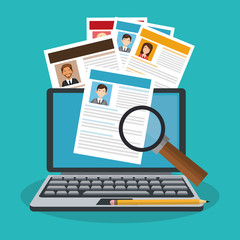 computer and curriculum vitae over blue background. human resources concept. colorful design. vector illustration