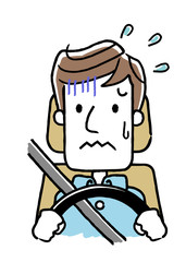 運転する男性：怖い、初心者、あわてる