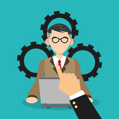 man with laptop commputer over gear wheels and blue background. human resources concept. colorful design. vector illustration