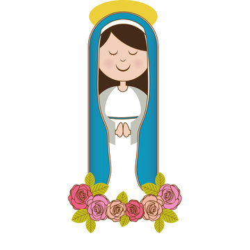 white background of christian virgin and ornament of pink roses vector illustration