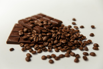 Chocolate and coffee on a white background