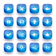 Set of 16 blue icons isolated on white background for game user interface. Mobile app vector elements template.