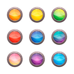 Colorful round glossy buttons in a stone frame set, vector assets for web or game rocky design, app icons vector template isolated on white background.