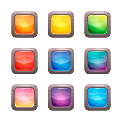 Colorful rounded square glossy buttons in a stone frame set, vector assets for web or game rocky design, app icons vector template isolated on white background.