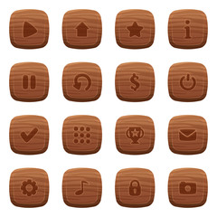 Set of 16 round wooden icons isolated on white background for game user interface. Mobile app vector elements template.
