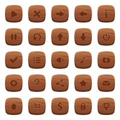 Set of 25 round wooden icons isolated on white background for game user interface. Mobile app vector elements template.