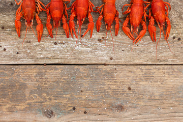 Crawfish on the old wooden background. 