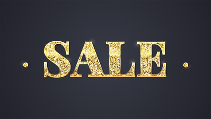 Black sale background. Sale poster with text lettering on dark background. Bright glittering text with golden frame, vector 3D illustration. Simple and noticeable ad four your design and business