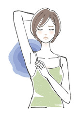 脇を気にする女性　ショートヘア