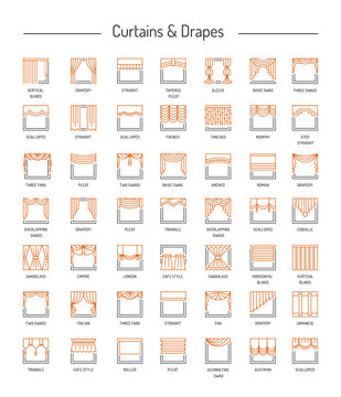 Different window drapes, curtains, blinds. Lambrequins and shades. Home decor elements. Line icon set. Vector illustration.