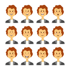 Set of female facial emotions. Bearded woman emoji character with different expressions. Vector illustration in cartoon style