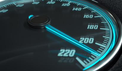3D rendered illustration of illuminated speedometer in car interior.