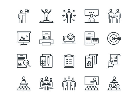 Business. Set of outline vector icons. Includes such as Business Meeting, Handshake, Agreement, One on One Meeting and other.