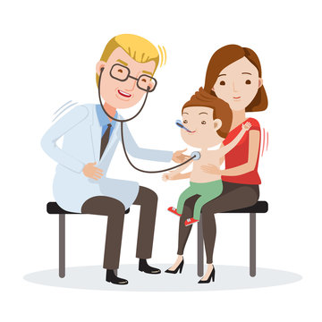 Doctor Examining listens to breathing statoscope Measure body temperature.kid who sits in on her mother's lap. Vector illustration Isolated on white background.