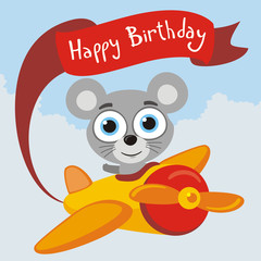 Happy Birthday! Funny mouse flies on airplane with greeting on red ribbon. Card for birthday with little mouse in cartoon style.