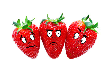 Ripe red strawberries with emotions on the faces on a white background. Isolated