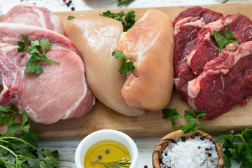 Selection of different meat. Raw beef chicken and pork. Food background ingredients for cooking