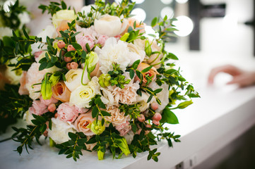 Beautiful wedding bridal bouquet of flowers, close-up, traditional classical ceremonial decoration