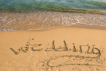 Season of wedding. Summer trips to the sea. Concept of leisure and wedding. inscription 
