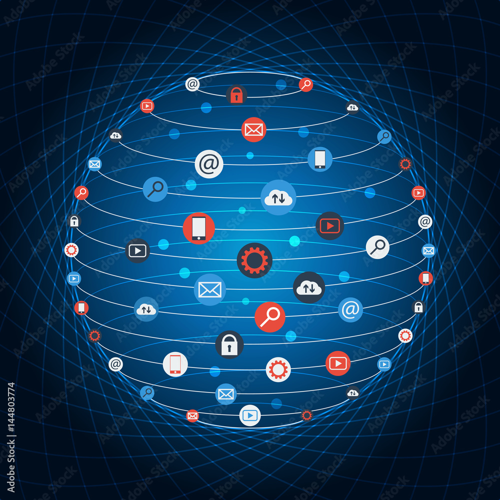 Poster Global concept internet networking circle with flat icons illustration. Social Networking Creative Icon Collection. Global IT concept and planet earth