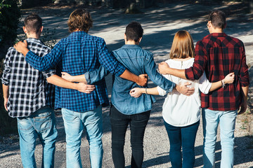 Back view of five friends embracing