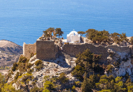 Overlooking Venetian Castle at Monolithos built in 1480 by the Knights of Saint John, Rhodes Greece Europe