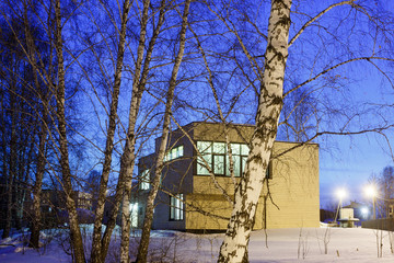 Wooden cottage at night in winter