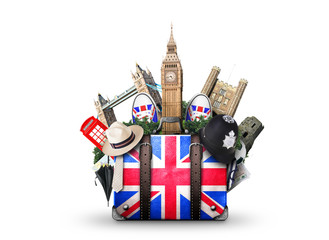 England, vintage suitcase with British flag - obrazy, fototapety, plakaty