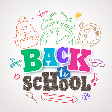 Back to school vector design with colorful title text surrounded by school elements drawing in white background. Vector illustration.

