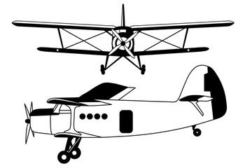 Black and white ancient airplane flat vector illustration