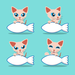 Cartoon character sphynx cat with big fish sign
