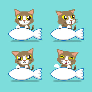 Cartoon character cute cat with big fish sign